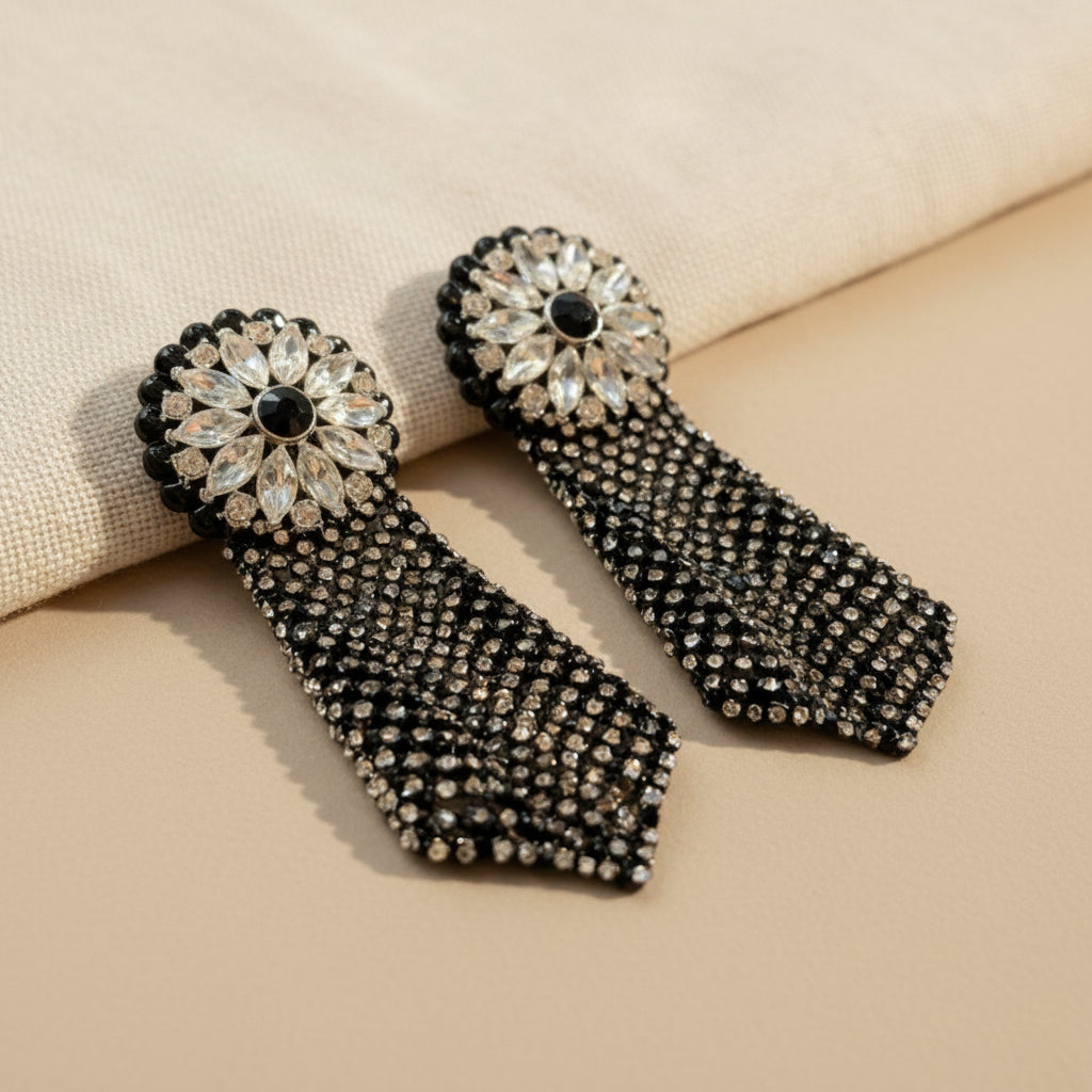 Midnight Dahlia crystal tassel earrings with vintage glamour mesh drop, full product view on white background
