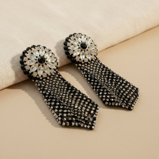 Midnight Dahlia crystal tassel earrings with vintage glamour mesh drop, full product view on white background