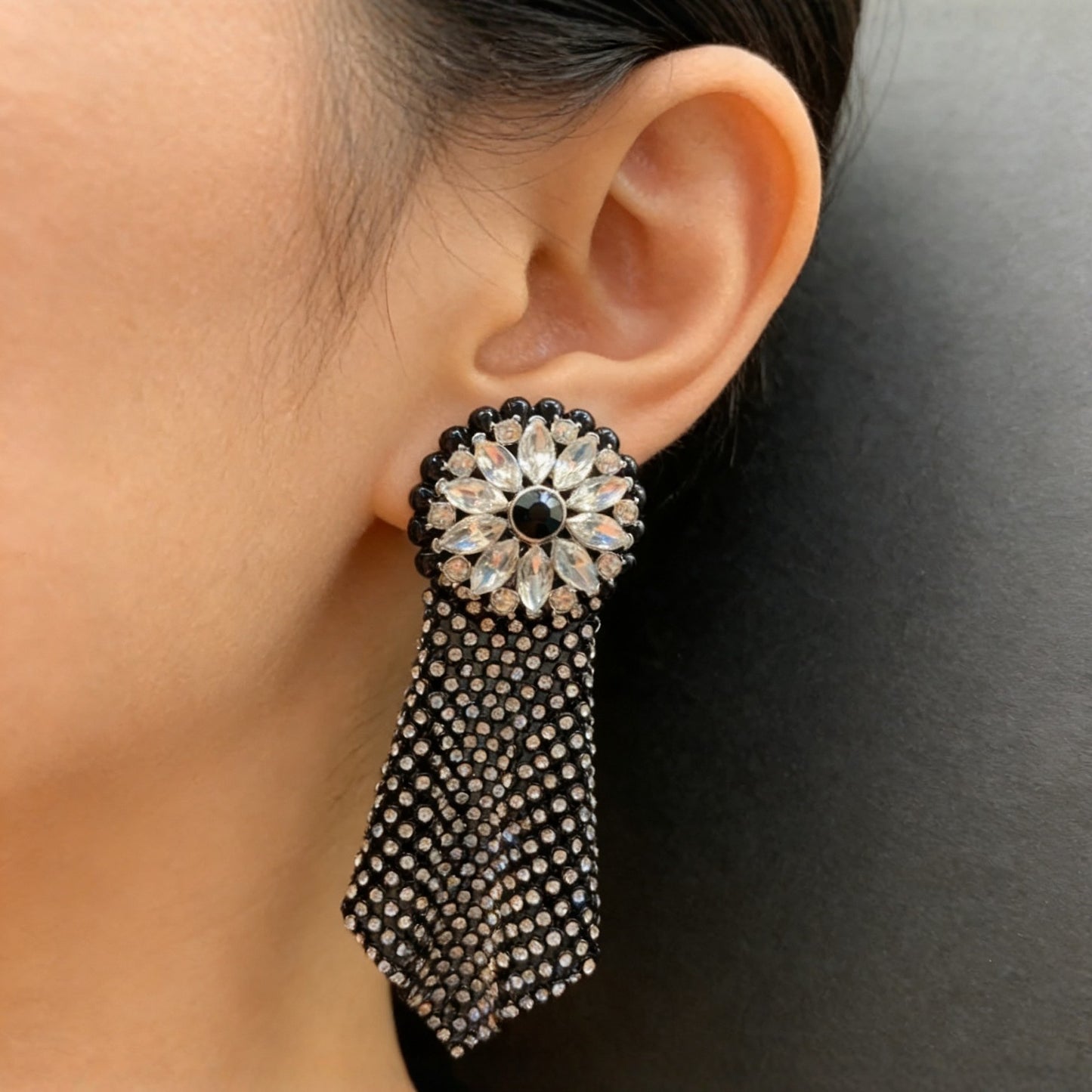 Model wearing Midnight Dahlia crystal tassel earrings, vintage glamour mesh drop jewelry by The Civilis