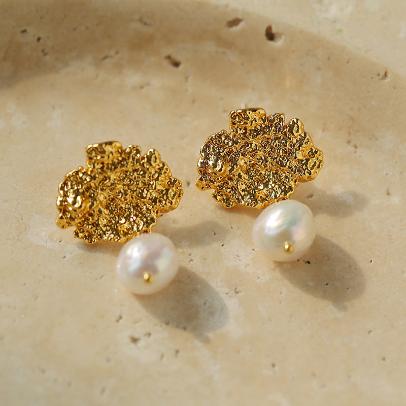 Single baroque pearl drop earring in 18K gold-plated lava texture withnull925 sterling silver post, The Civilis