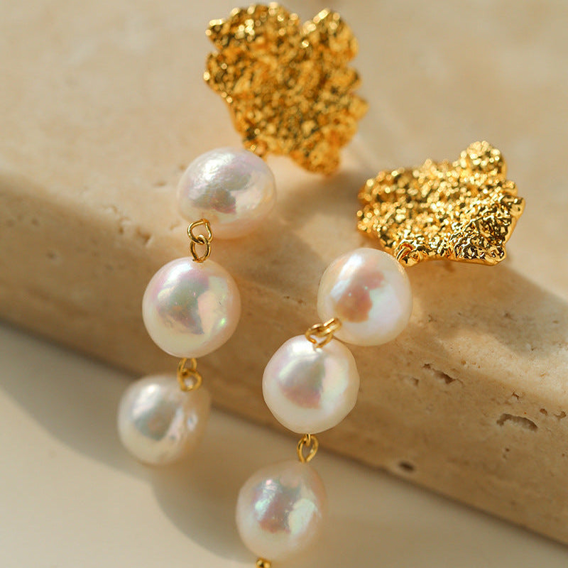 Triple baroque pearl dangle earrings in 18K gold-plated molten lava texture, 60mm length, The Civilis