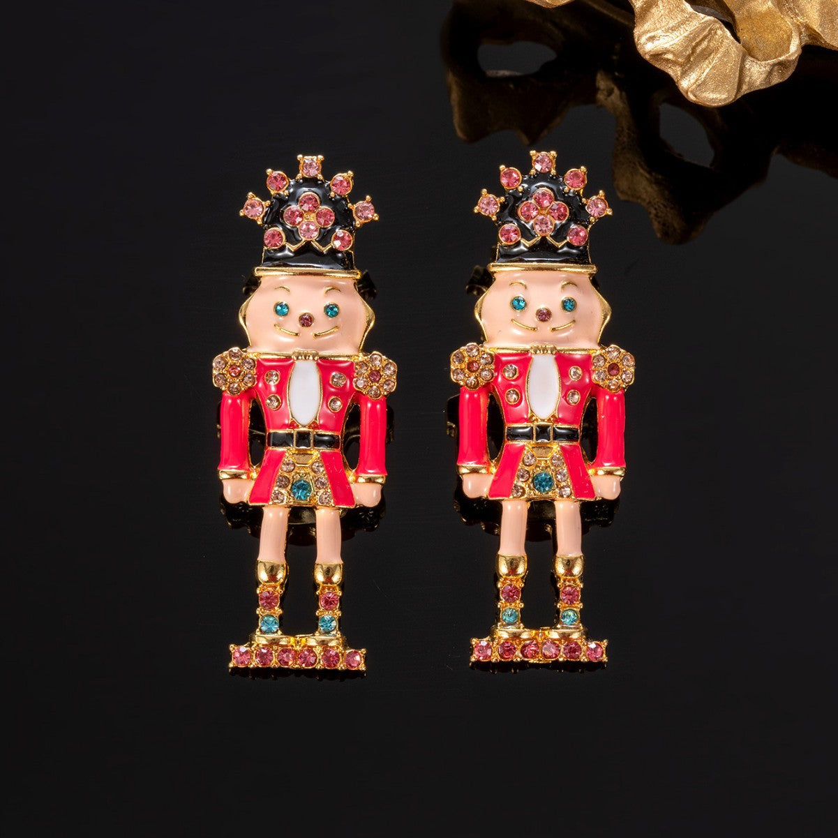 Vintage Nutcracker Soldier Earrings detail view - enamel & gold plating