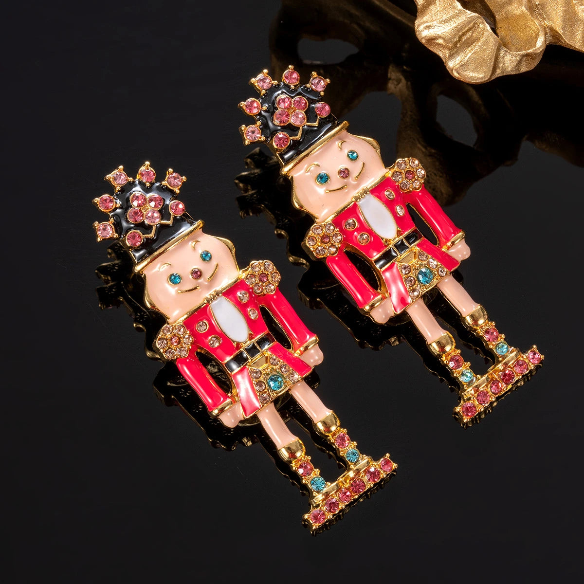 Vintage Nutcracker Soldier Earrings detail view - enamel & gold plating