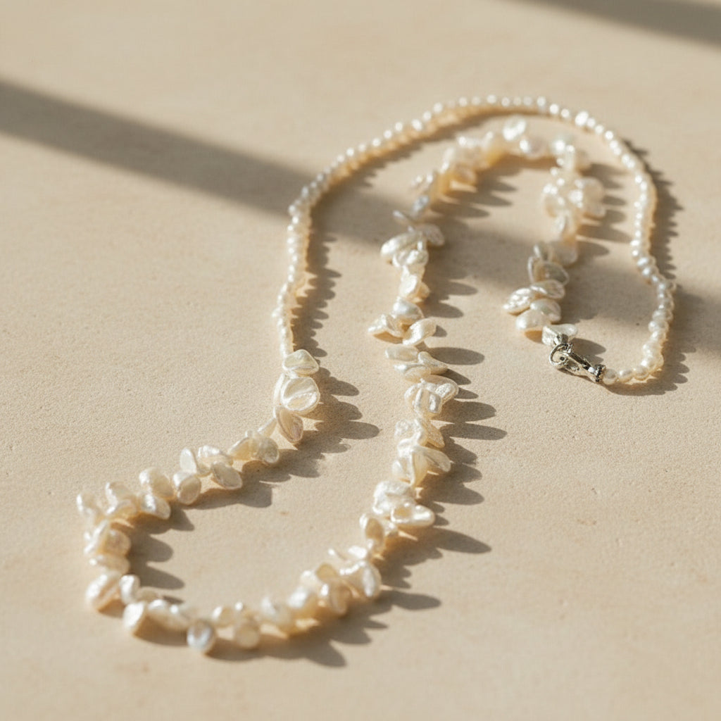 Overhead flat lay of the irregular pearl necklace on a warm-toned background, showing the full arrangement of the two distinct strands.