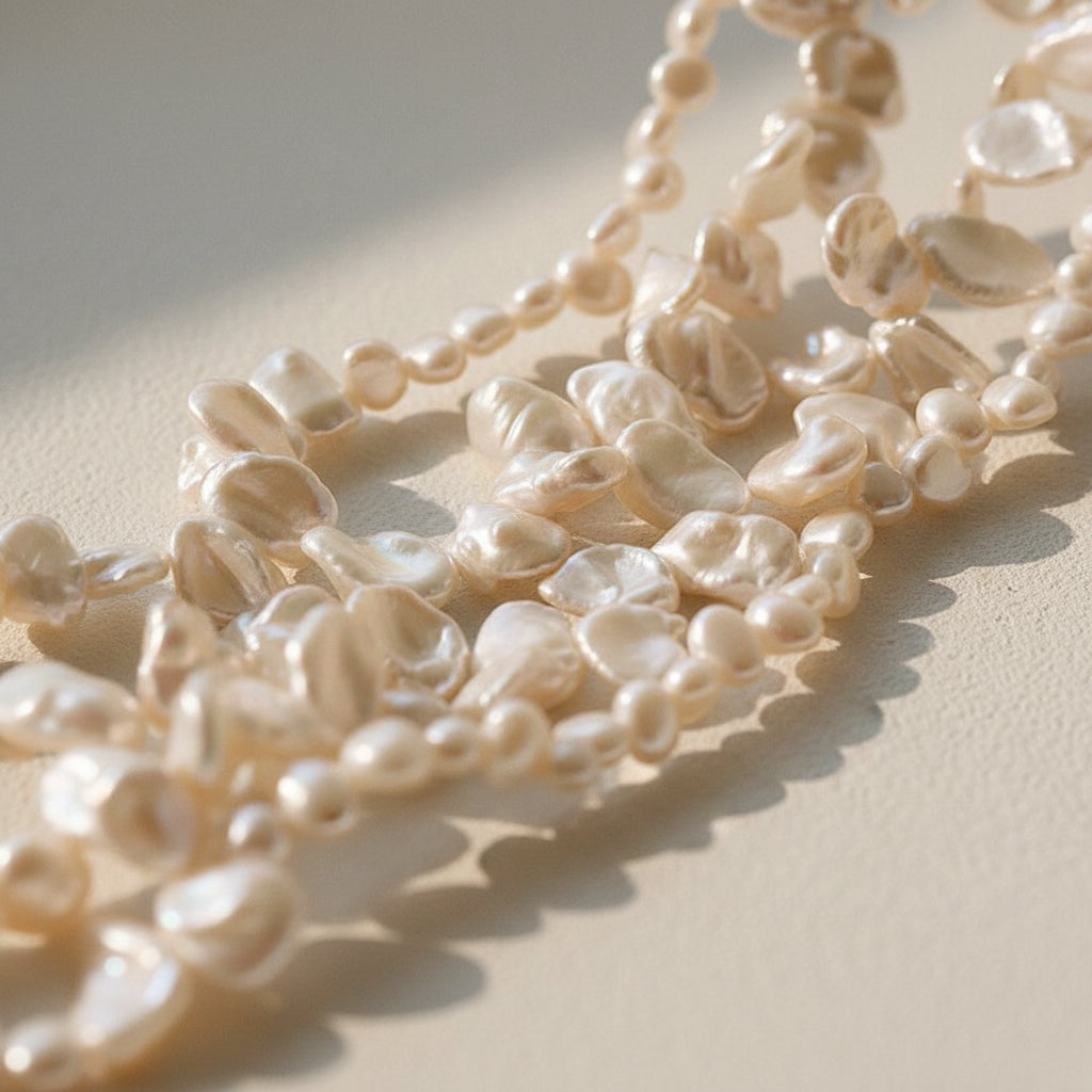 Extreme close-up of the shimmering keshi pearls, highlighting the unique shapes and the high-quality iridescent glow of each individual pearl.