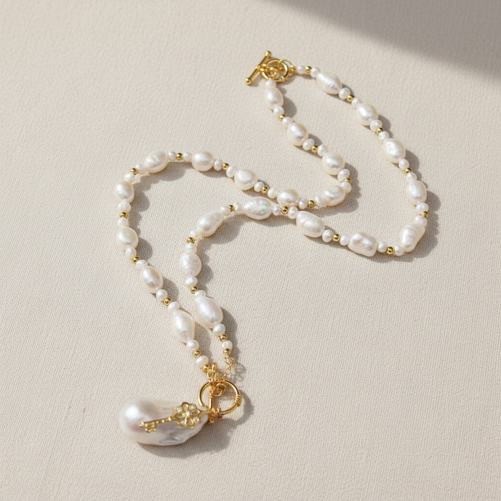 Elegant baroque pearl necklace featuring a unique gold vintage key pendant and irregular pearls, displayed on a warm neutral-toned surface.