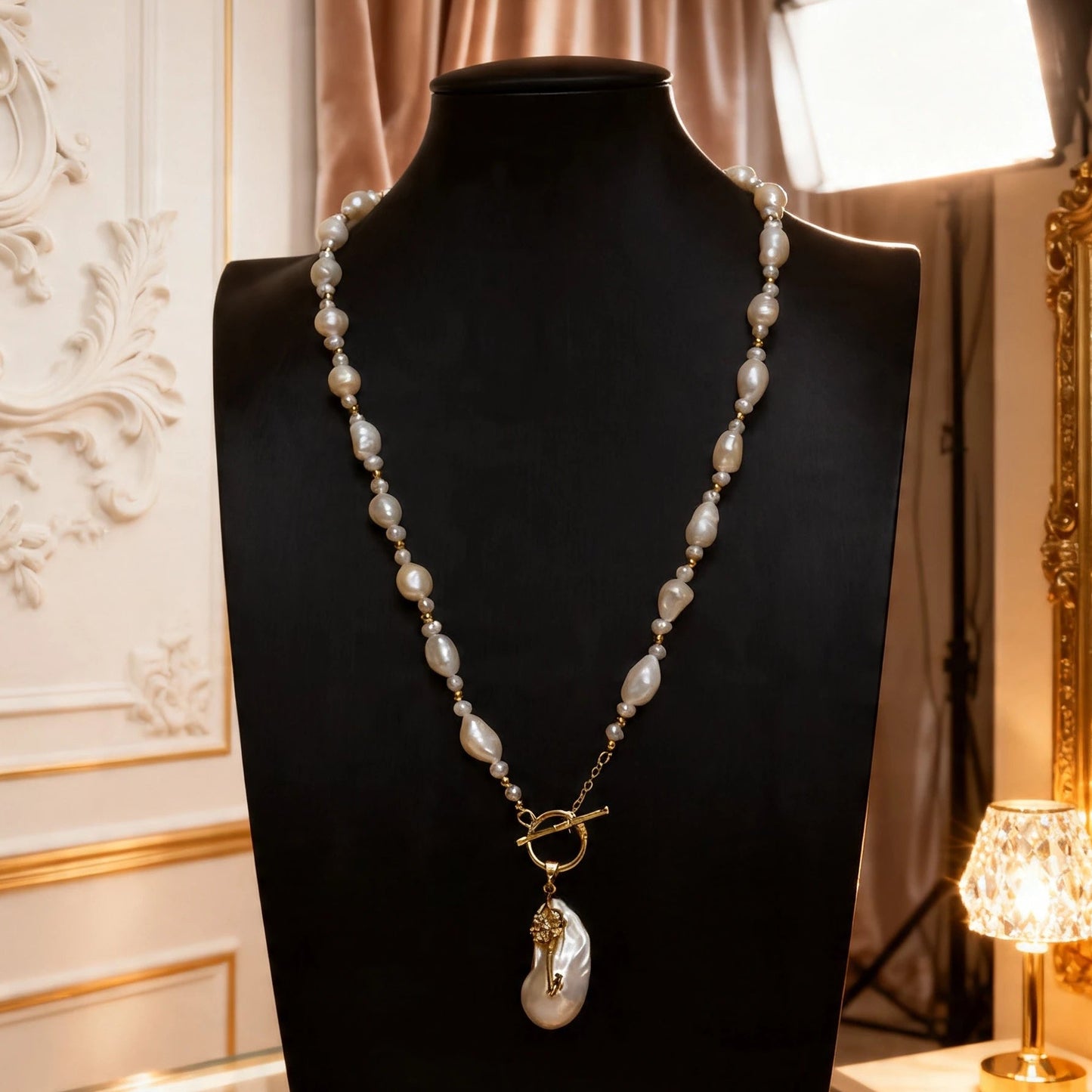 The long baroque pearl necklace with a statement key pendant displayed on a black jewelry bust, showing its full length and artistic drape.
