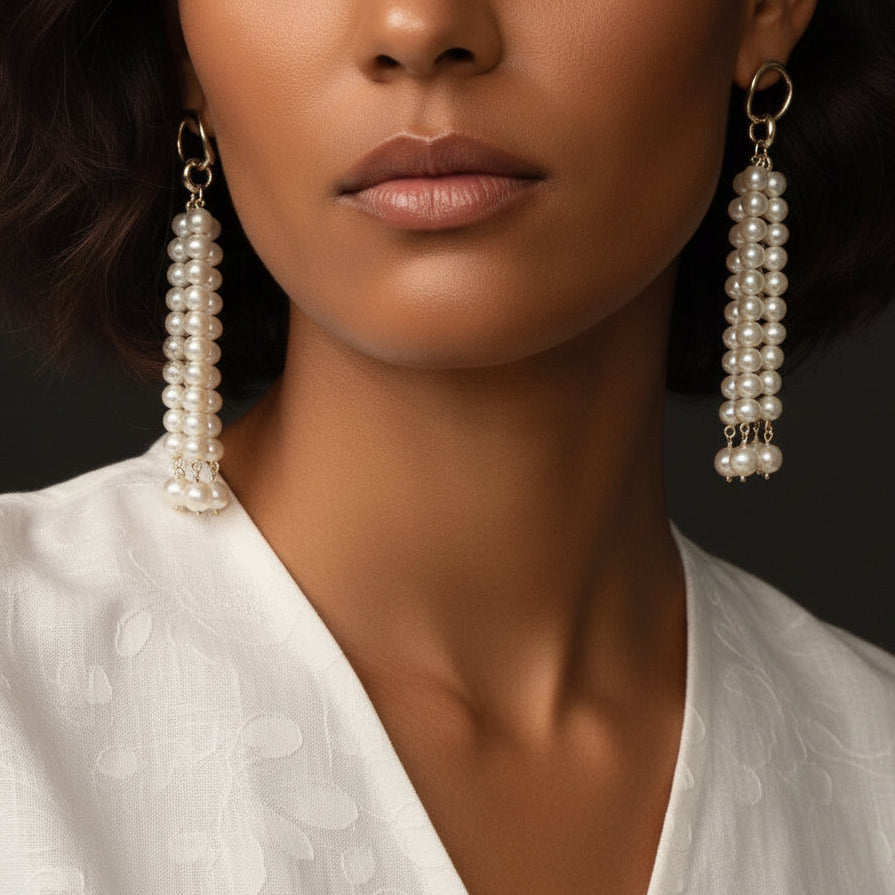 Close-up of the cascading pearl tassel earrings worn with a white V-neck top, highlighting how they elongate the neck and add a touch of luxury.