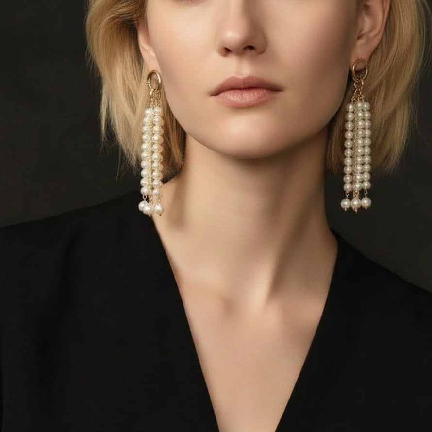High-contrast shot of the statement pearl earrings paired with a black blazer, showcasing a sophisticated and powerful professional look.