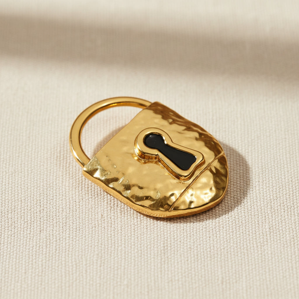 18K gold plated brass lock brooch surrealist statement piece, full product view