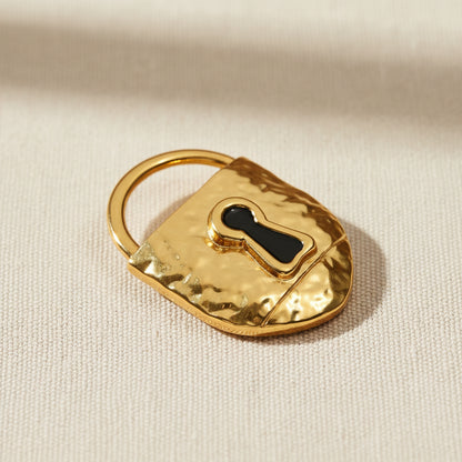 18K gold plated brass lock brooch surrealist statement piece, full product view