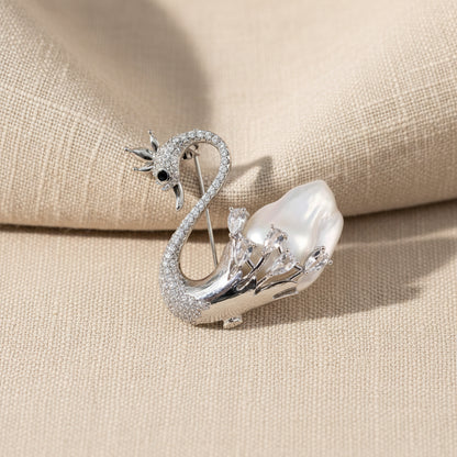 Silver Swan Lapel Pin featuring Natural White Keshi Pearl and Sparkling Zirconia.