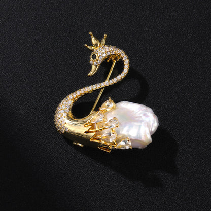 Close-up of Handcrafted Swan Brooch on Black Textured Background for Jewelry Detail.