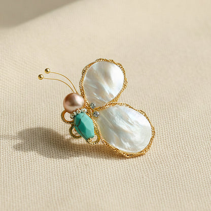 Handcrafted Butterfly Brooch with Natural Mother of Pearl Wings and Gold Filigree