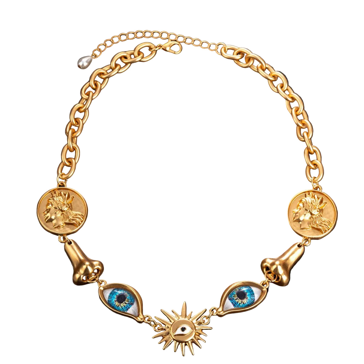 Surrealist Eye & Sun Medallion Necklace full view, vintage gold tone