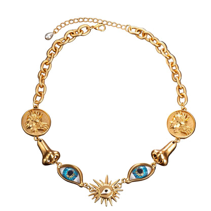 Surrealist Eye & Sun Medallion Necklace full view, vintage gold tone