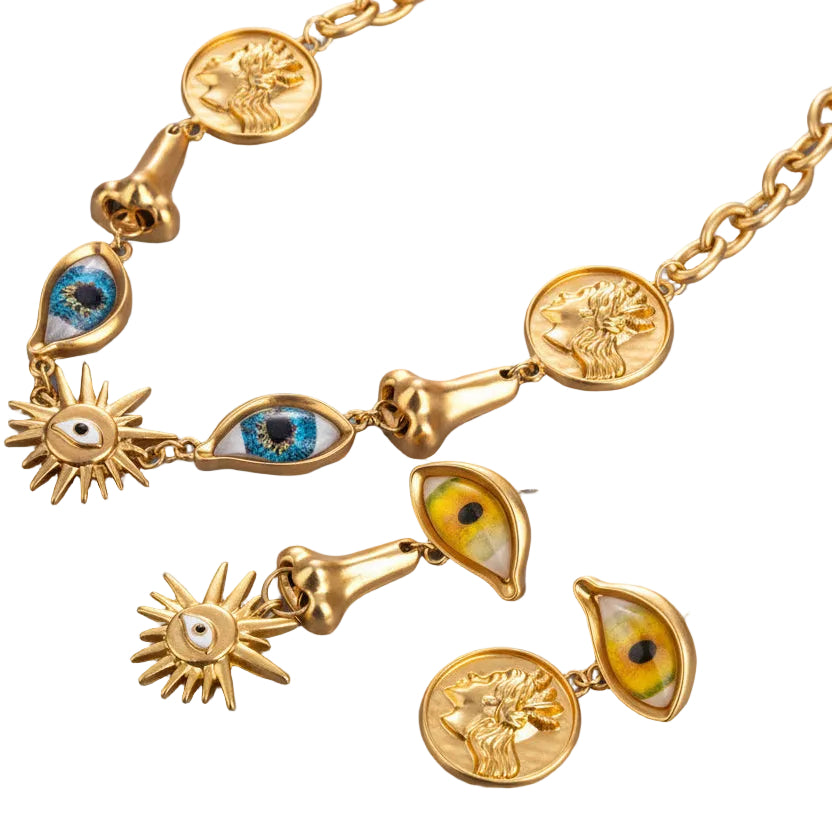 Surrealist Eye & Sun Medallion Necklace and Earrings close-up detail, vintage gold tone
