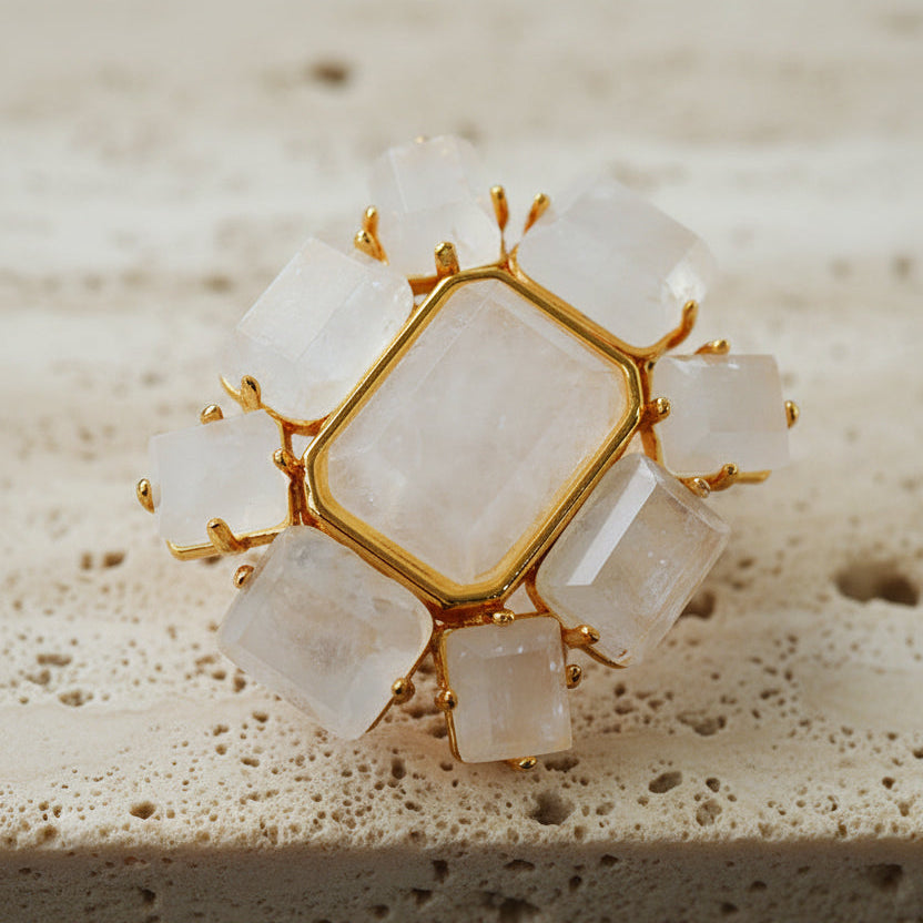 Raw white quartz crystal brooch with 18k gold geometric setting, natural rock crystal jewelry for luxury gift.