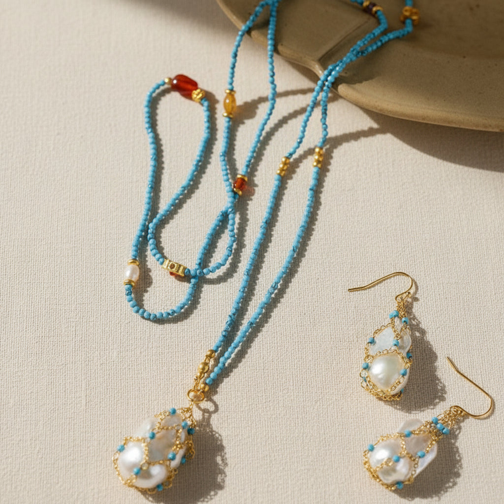 Artisan baroque pearl and turquoise jewelry set full view on beige background 18K gold plated boho chic statement jewelry

