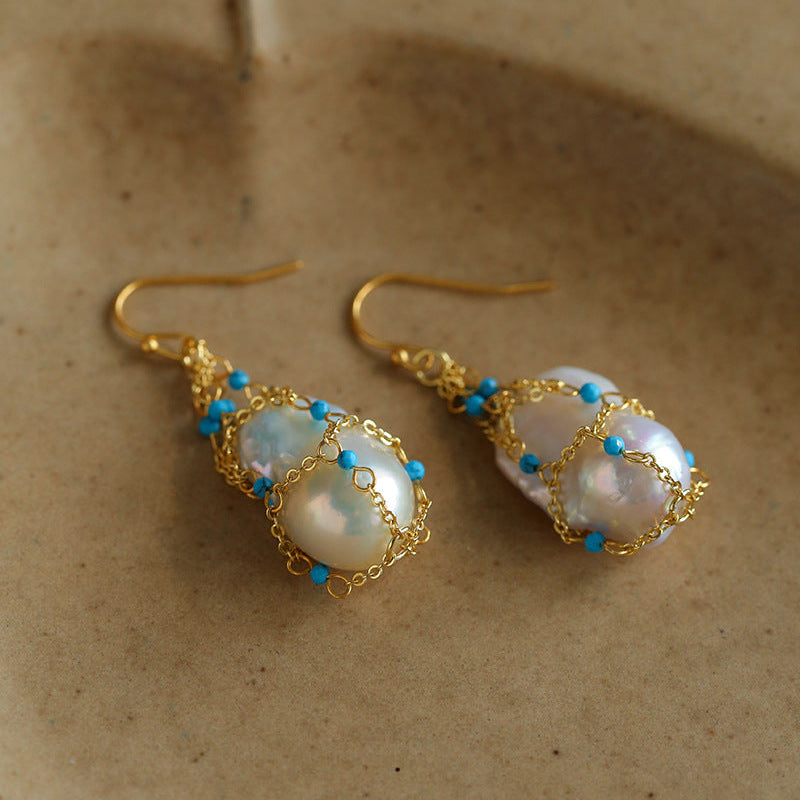  Baroque pearl and turquoise drop earrings full view on beige background 18K gold plated boho statement earrings

