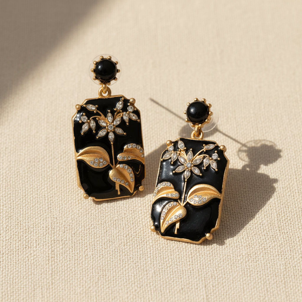Black Enamel Plum Blossom Stud Earrings front view, vintage Chinese Art Nouveau style