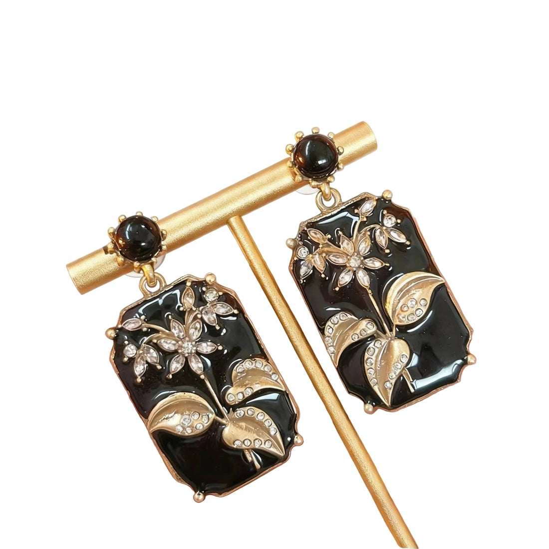 Black Enamel Plum Blossom Earrings product detail, Art Nouveau gold finish
