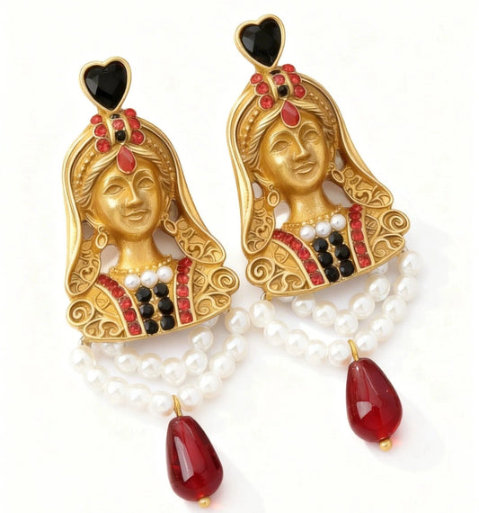 Vintage Empress Portrait Drop Earrings on white background, 18K gold-plated brass with S925 silver post
