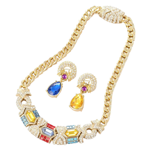 Mosaic Dreamcatcher Jewelry Set on white background, 18K gold-plated copper necklace and teardrop crystal earrings