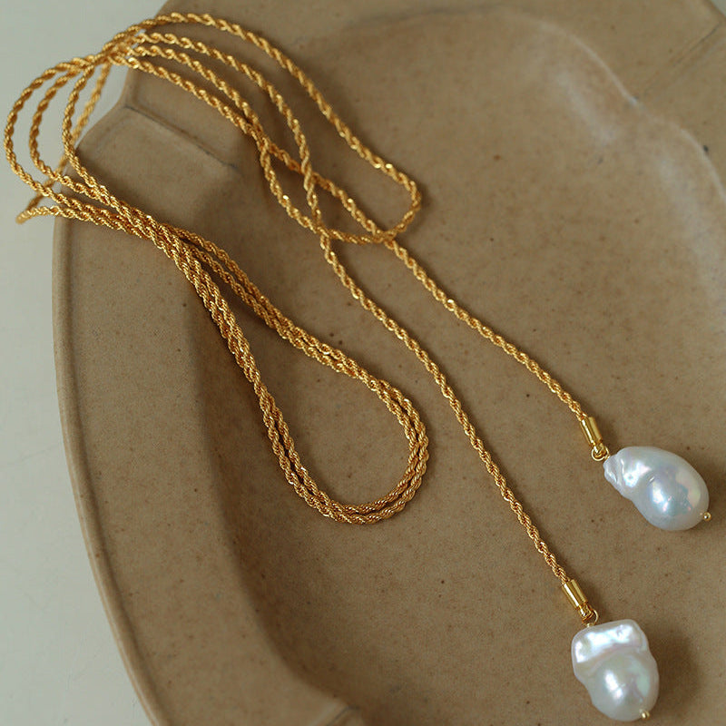 Long baroque pearl lariat necklace gold version full view 18K gold plated twisted rope chain statement jewelry

