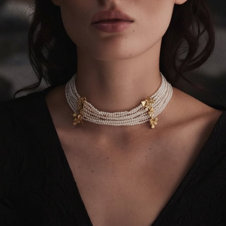 Model wearing multi-strand freshwater pearl choker front view 18K gold plated brass vintage layered necklace

