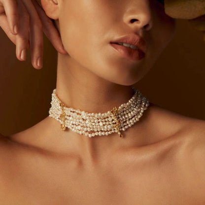  Model wearing multi-strand mini pearl choker necklace front view layered statement jewelry 18K gold plated

