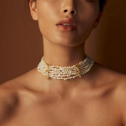 Model wearing freshwater pearl choker necklace front view vintage layered style 18K gold plated brass


