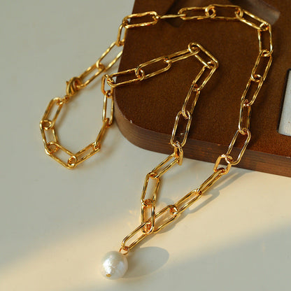  18K gold plated paperclip chain necklace with baroque pearl pendant studio photography full view minimalist chunky link choker

