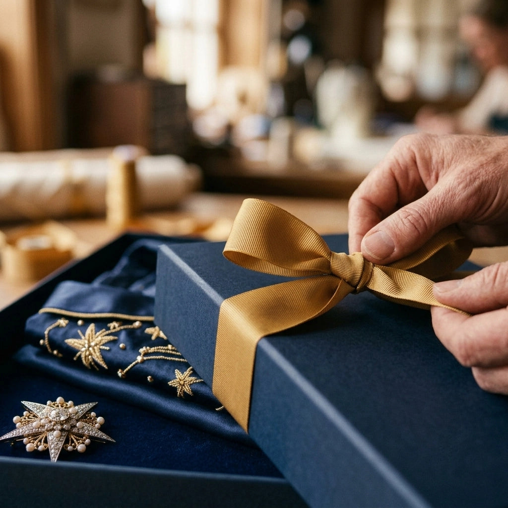 An elegant close-up of The Civilis luxury bespoke packaging, showing hands tying a textured gold ribbon on a deep blue gift box, with an embroidered starry-night gown and an origami-style metal star brooch peeking out, set against a warm, softly blurred artisan studio backdrop.