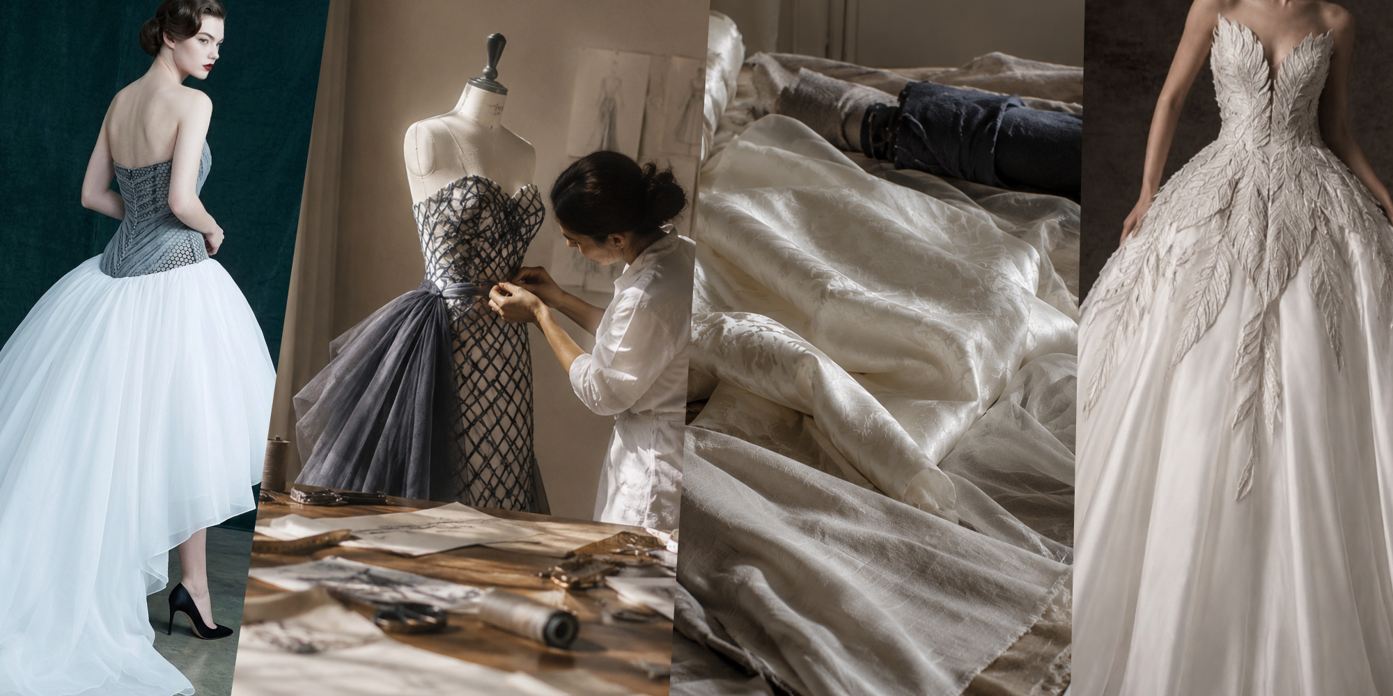 A multi-photo creative collage showcasing the textural mastery and craftsmanship of The Civilis, featuring a model in a houndstooth corset ballgown, an artisan working on a tailoring mannequin in the atelier, a close-up of luxurious draped silk tulle fabric, and a breathtaking white haute couture gown adorned with intricate, hand-carved feather embroidery details.