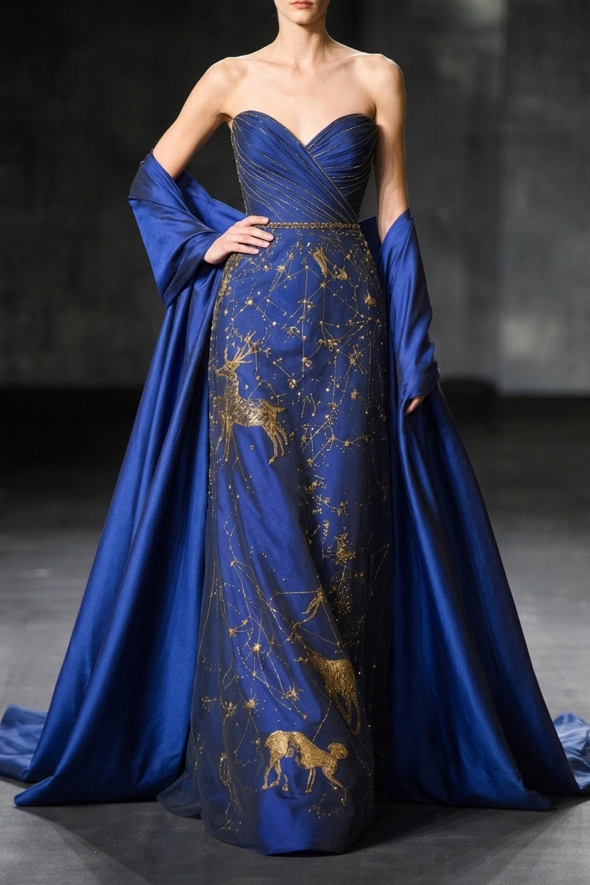 An extraordinary royal blue bespoke gown from The Civilis, showcasing a strapless sweetheart neckline and an overlay skirt meticulously embroidered with golden mythical deer and ancient astronomical star charts, paired with a matching flowing silk wrap.