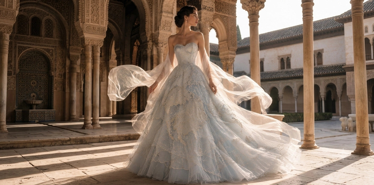 A haute couture model standing in a historic Moorish palace archway during sunrise, wearing a magnificent The Civilis bespoke light blue gown embroidered with an ancient world map and gold compass, billowing in the wind.