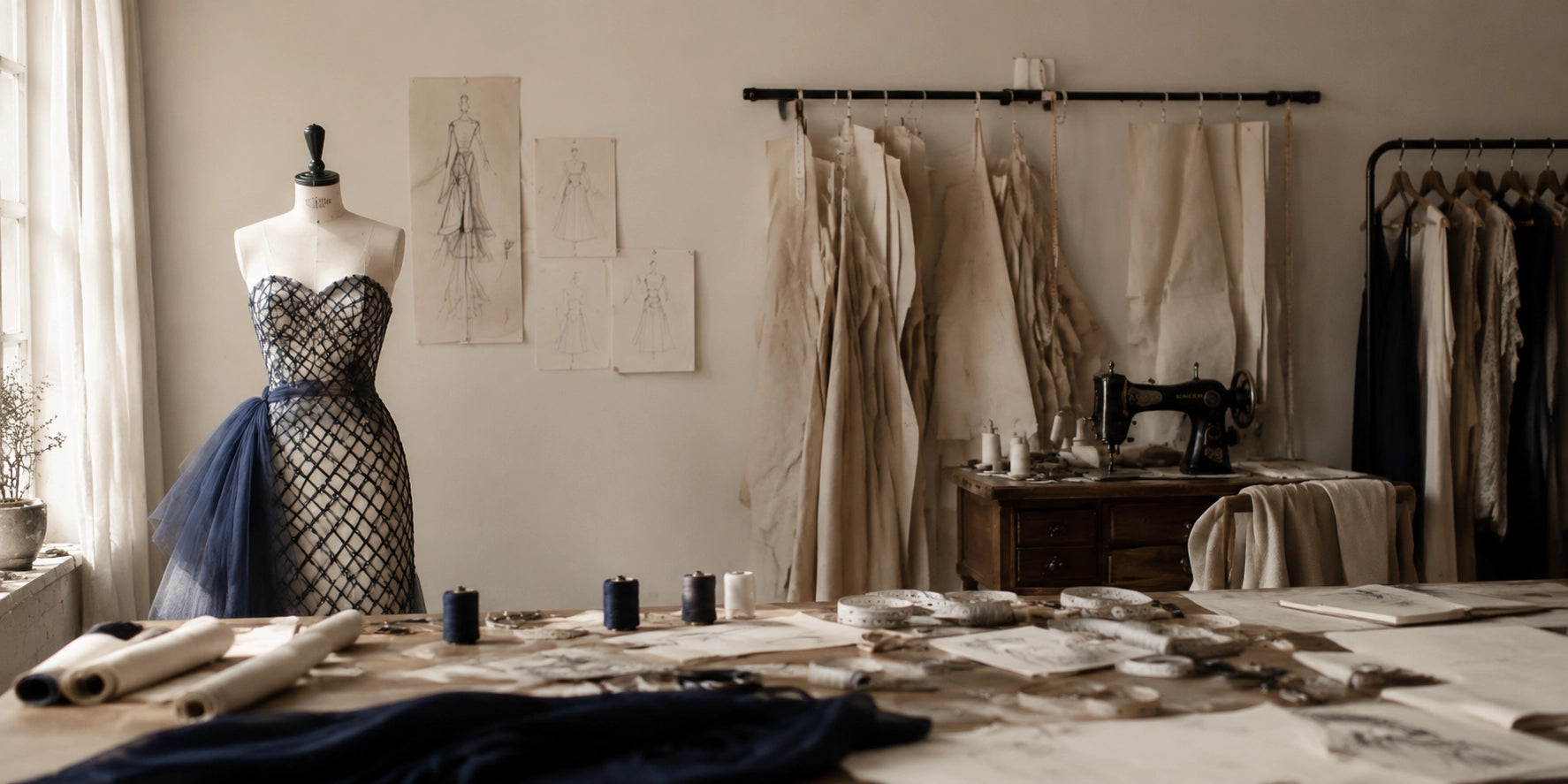 An atmospheric, vintage inspired haute couture studio and designer's workbench at The Civilis, featuring a tailoring mannequin draped in a detailed corset gown, surrounded by dressmaking patterns, fabrics, and artisan sewing tools under soft, moody studio lighting.