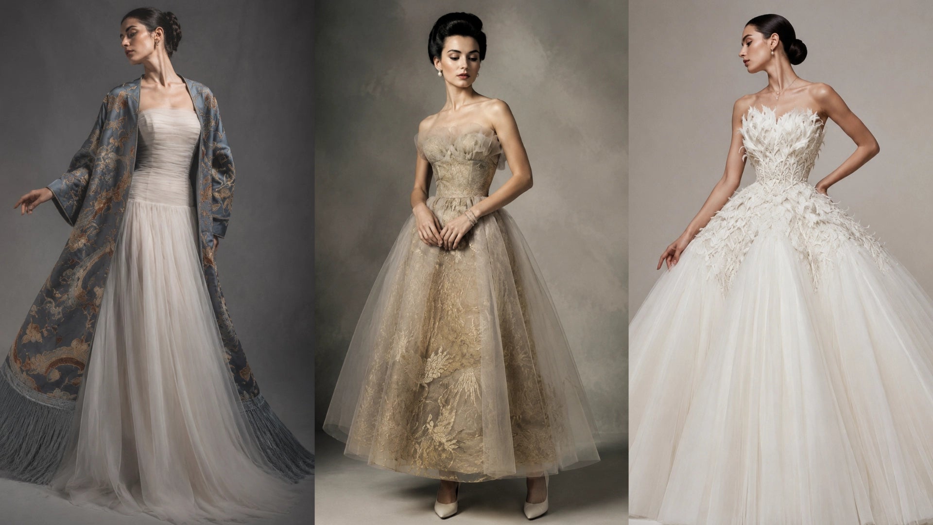 A classic high fashion editorial collage of three elegant The Civilis bespoke gowns: a model wearing a white strapless gown paired with a luxurious vintage-inspired brocade opera coat, a mid-century tea-length tulle dress with delicate embroidery, and a striking pure white ballgown featuring a feathered texture bodice, set against a timeless, minimalist studio background.