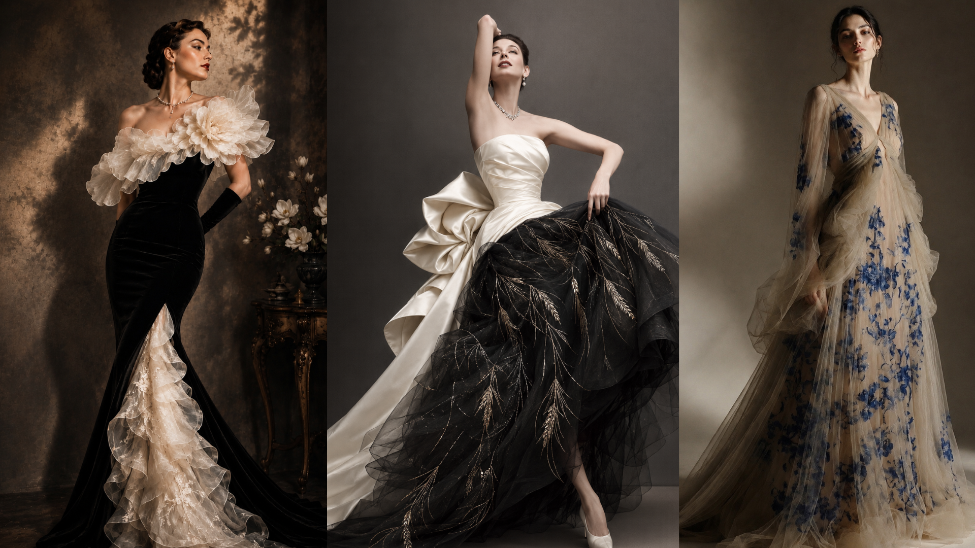 An avant-garde high fashion collage showcasing three The Civilis bespoke gowns: a model in a black column dress with white ruffled flowers, a dramatic white corset gown with a black sculptural feathered skirt, and a sheer flowing celestial floral embroidery gown, all against a dark, moody studio background.