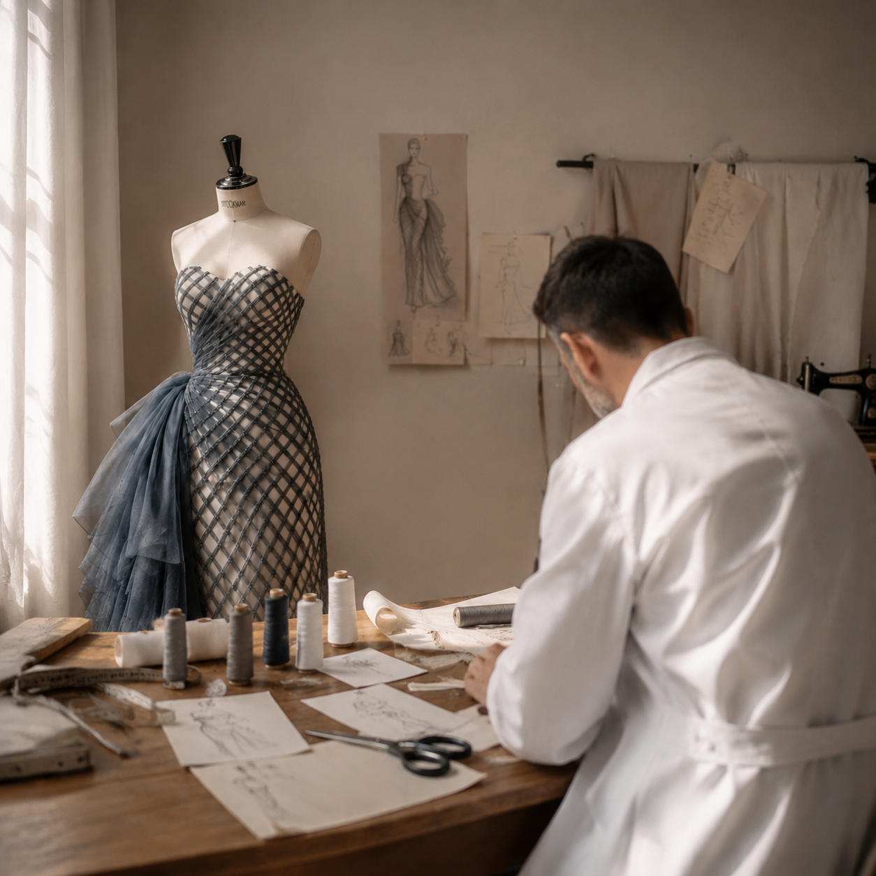 A peek into The Civilis made-to-measure process, showing the back of a master artisan sketching at a design bench, with a tailoring mannequin draped in a houndstooth corset dress and technical fashion sketches pinned to the wall.